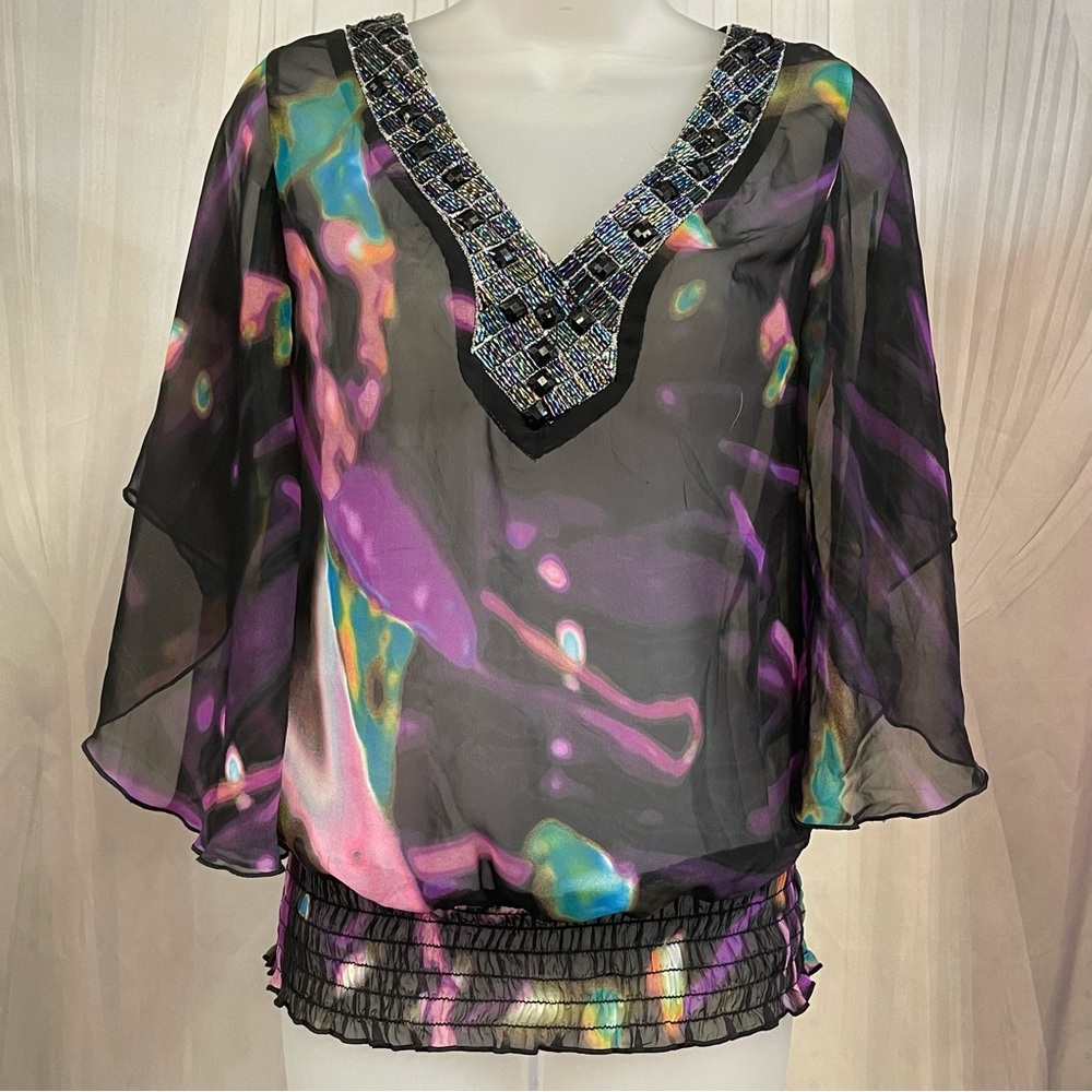 Studio Y Pink and Blue Graphic 3/4 Sleeve Blouse